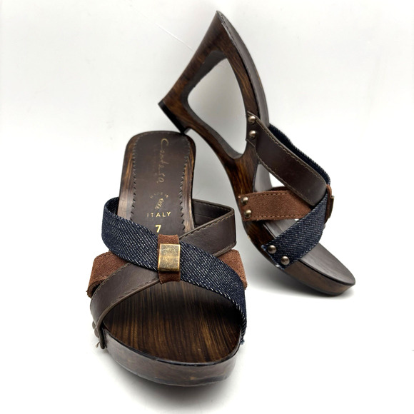 Vintage 80s 90s Contessa Leather & Denim Strappy Wooden Cut-out Wedge Heels 7 - Picture 1 of 16